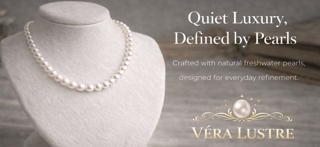 VÉRA LUSTRE brand image: "The Evolution of Elegance" featuring a high-luster freshwater pearl necklace, symbolizing our new chapter in quiet luxury.
