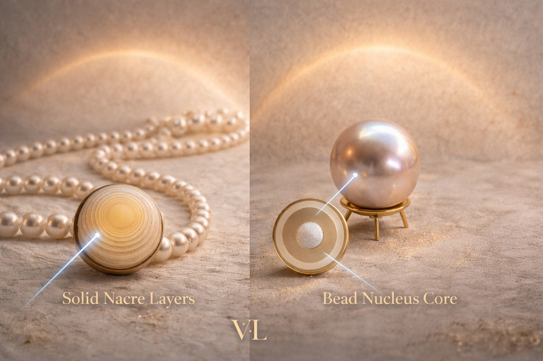 Natural non-nucleated pearls grow with solid nacre layers, while Edison pearls develop around a bead nucleus with thick nacre coating.