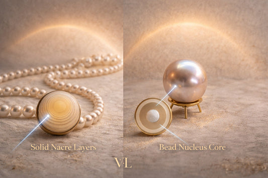 Natural non-nucleated pearls grow with solid nacre layers, while Edison pearls develop around a bead nucleus with thick nacre coating.