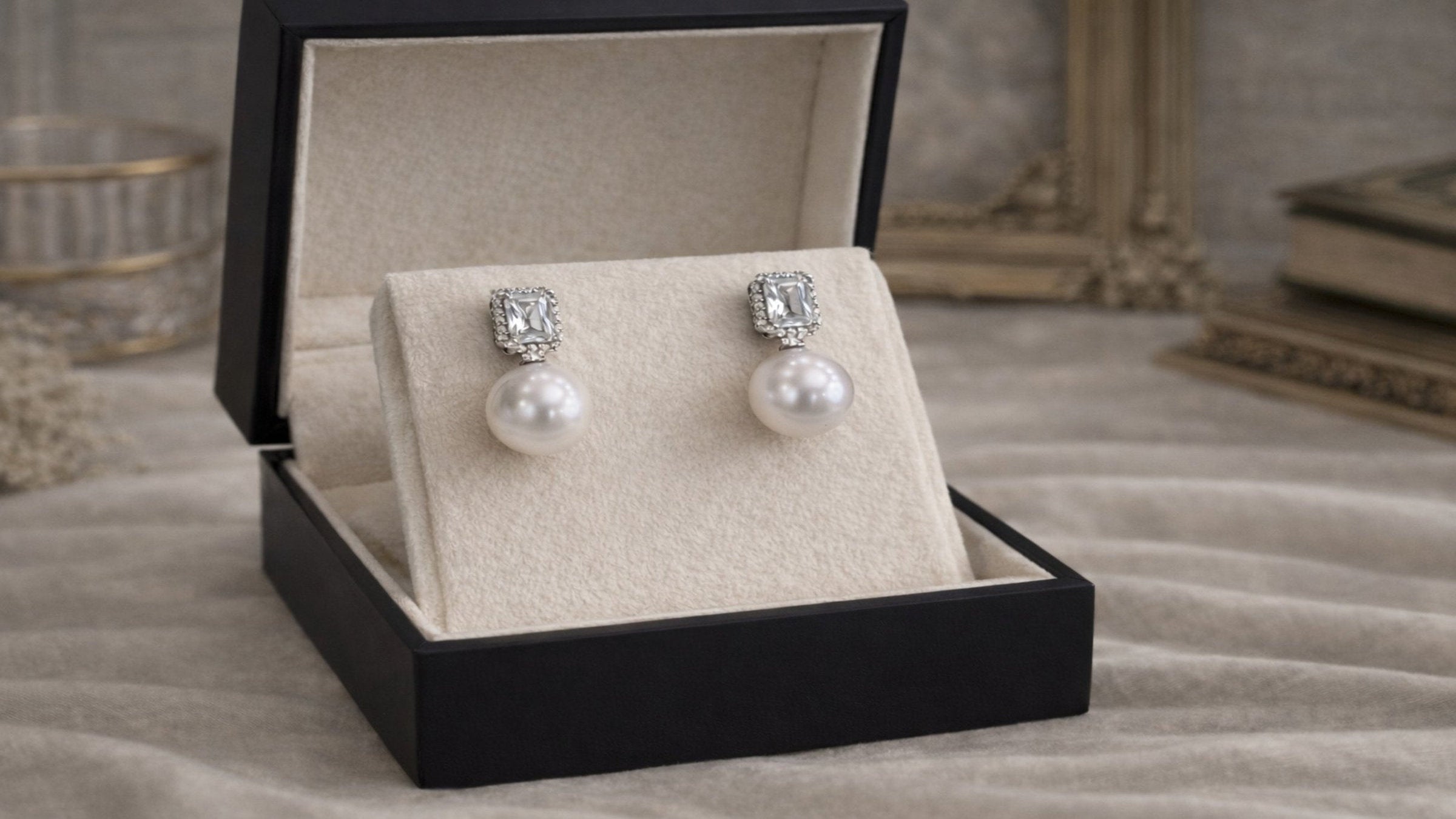 VÉRA LUSTRE classic pearl stud earrings presented in a premium gift box, defining everyday refinement.