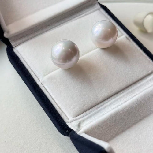 13–14mm Natural Freshwater Pearl Stud Earrings | Large Round, Australian-White Look (Sai Ao Bai Tone)