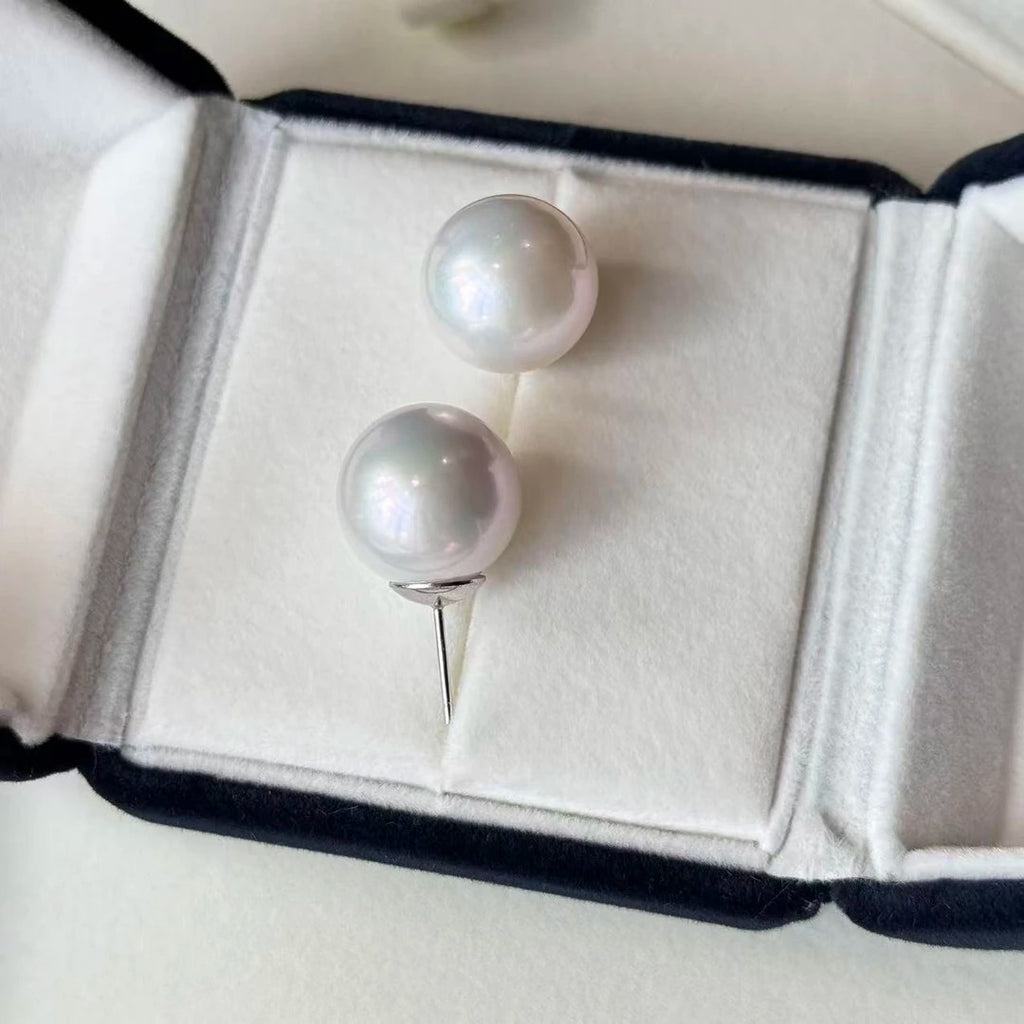 13–14mm Natural Freshwater Pearl Stud Earrings | Large Round, Australian-White Look (Sai Ao Bai Tone)