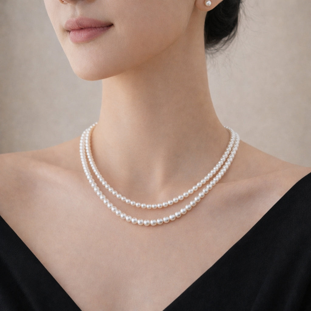 3–5mm  Freshwater Pearl Double Layer Necklace| Classic Layered Design,S925 Sterling Silver,18 Inch