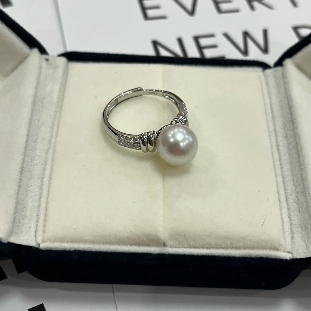 Anillo de perla natural de agua dulce de 9-10 mm | Plata de ley S925, engaste de lujo