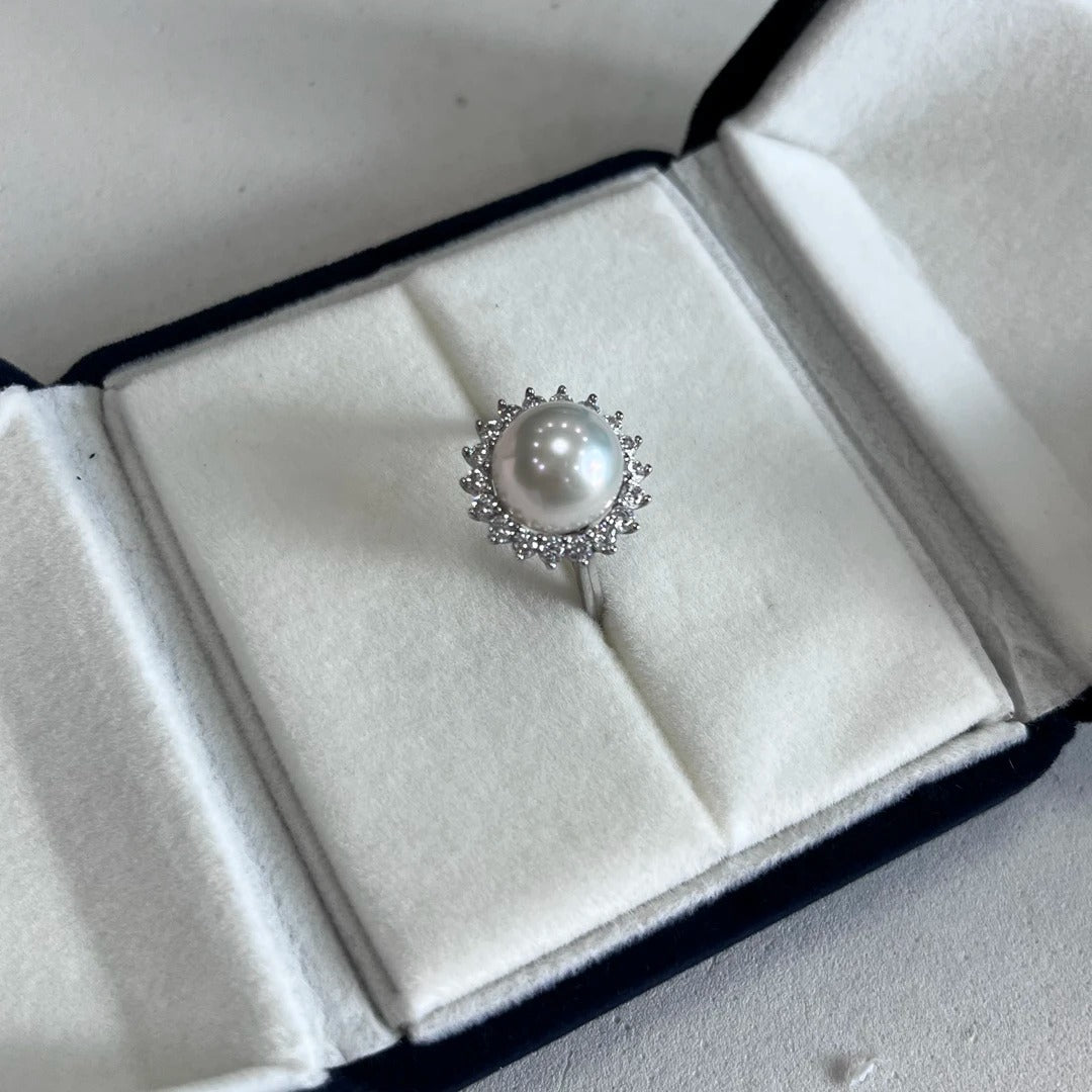 9–10mm Natural Freshwater Pearl Sunburst Ring | S925 Sterling Silver, Halo Design