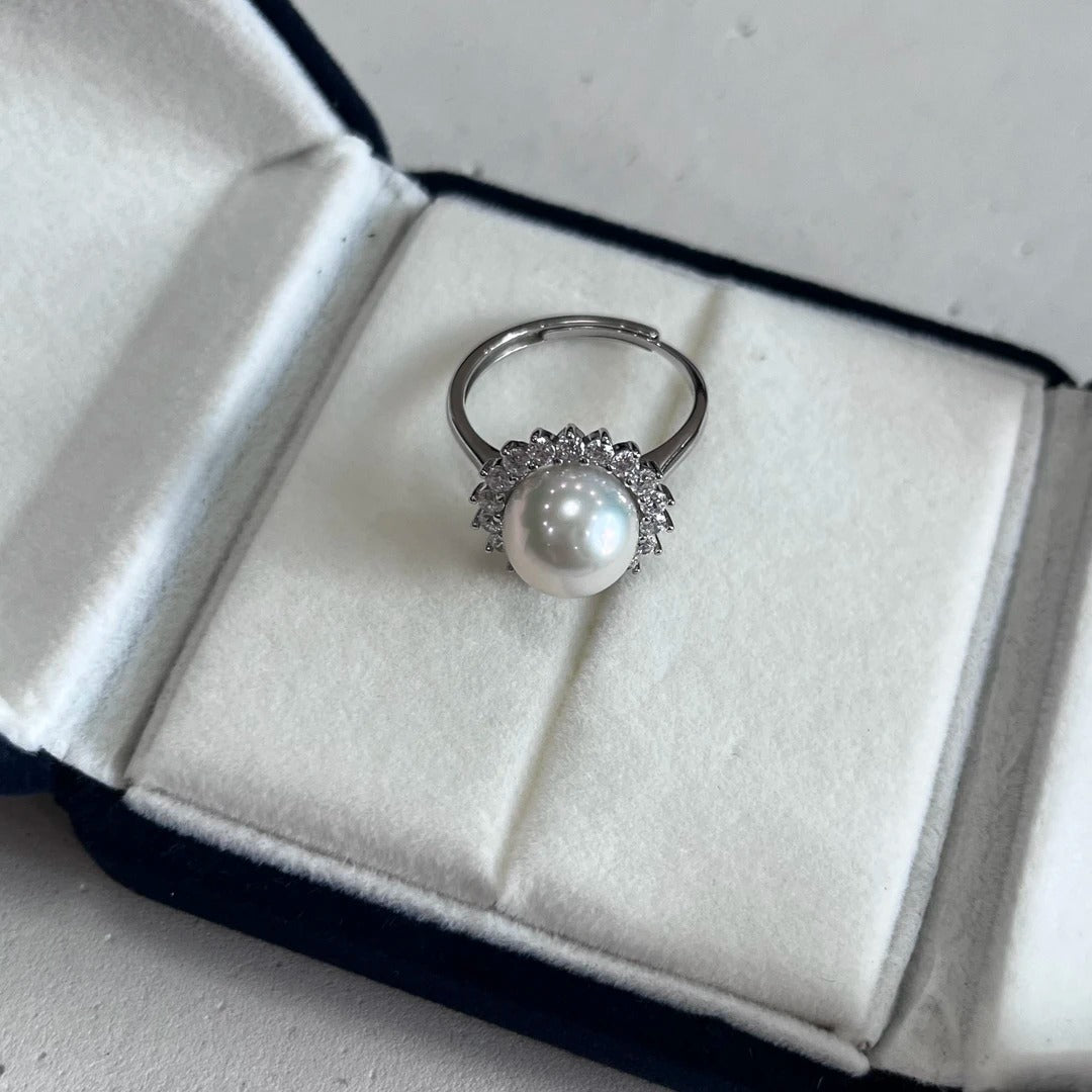 9–10mm Natural Freshwater Pearl Sunburst Ring | S925 Sterling Silver, Halo Design