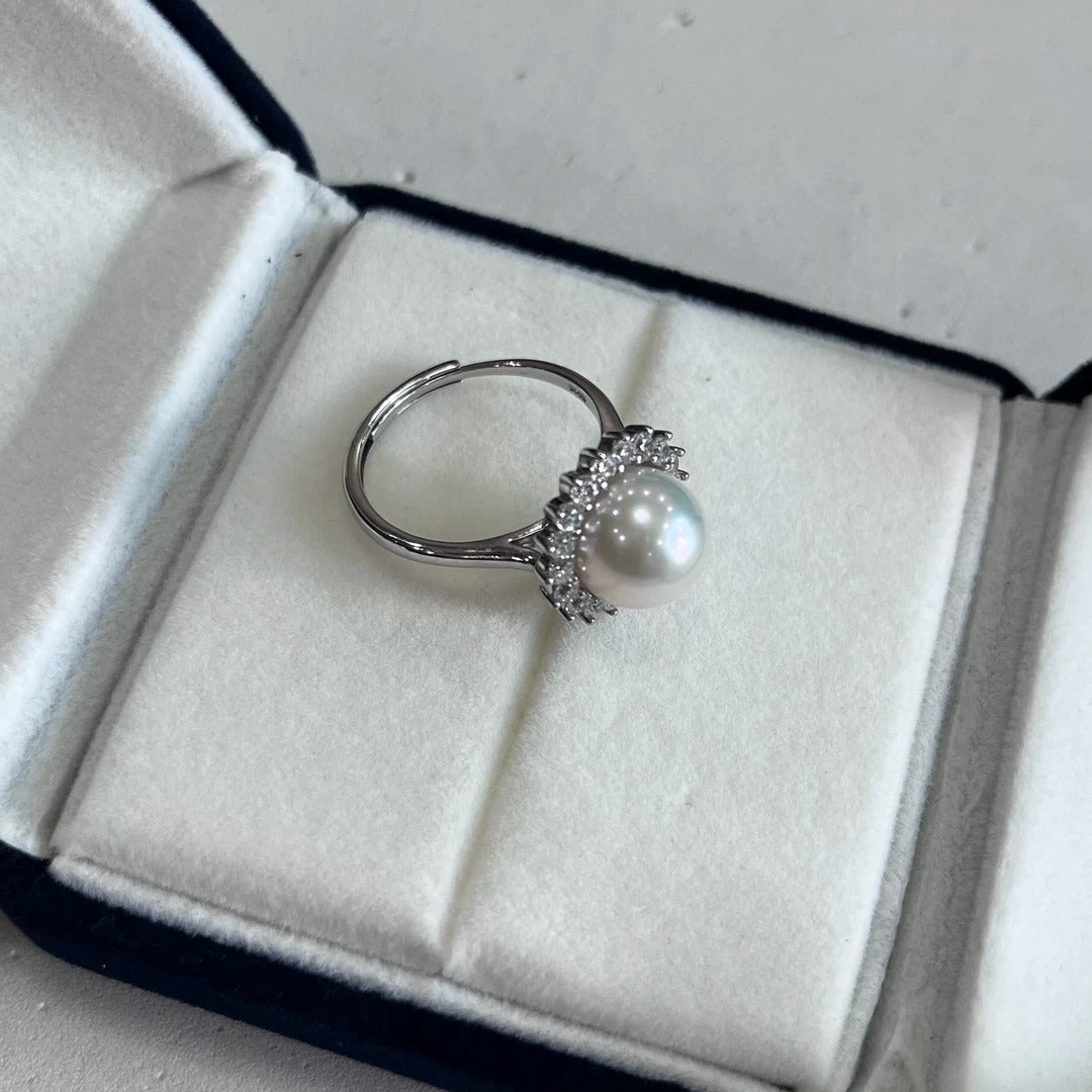 9–10mm Natural Freshwater Pearl Sunburst Ring | S925 Sterling Silver, Halo Design