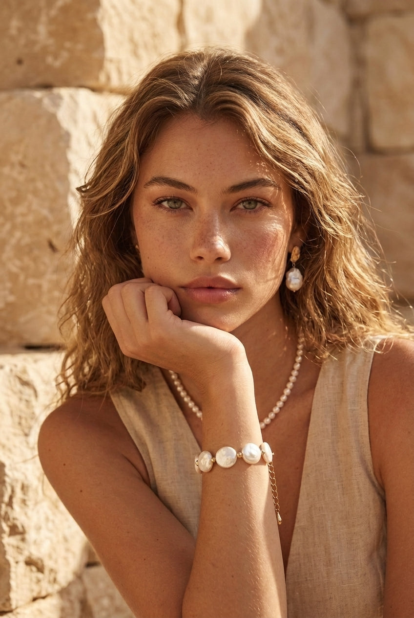 Lifestyle shot of the Selene coin pearl bracelet on a woman's wrist, showcasing its sleek, low-profile elegance and natural glow.