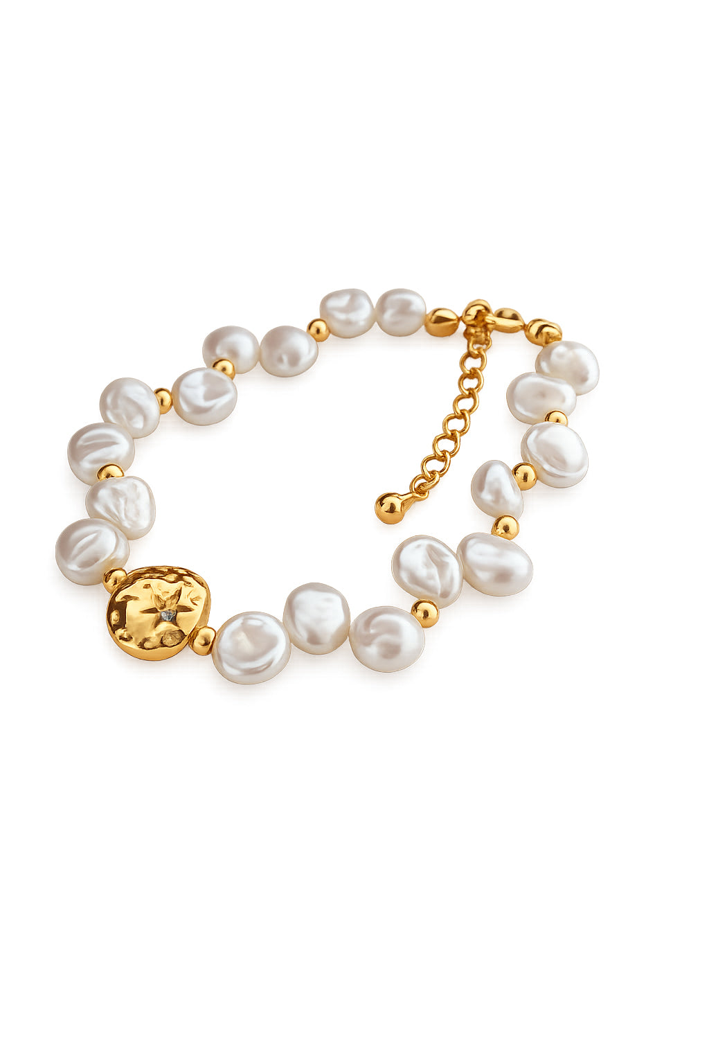 A clean studio photograph of the Elowen bracelet, showcasing the unique, non-uniform shapes of the natural freshwater pearls and the artisanal gold bead accents.