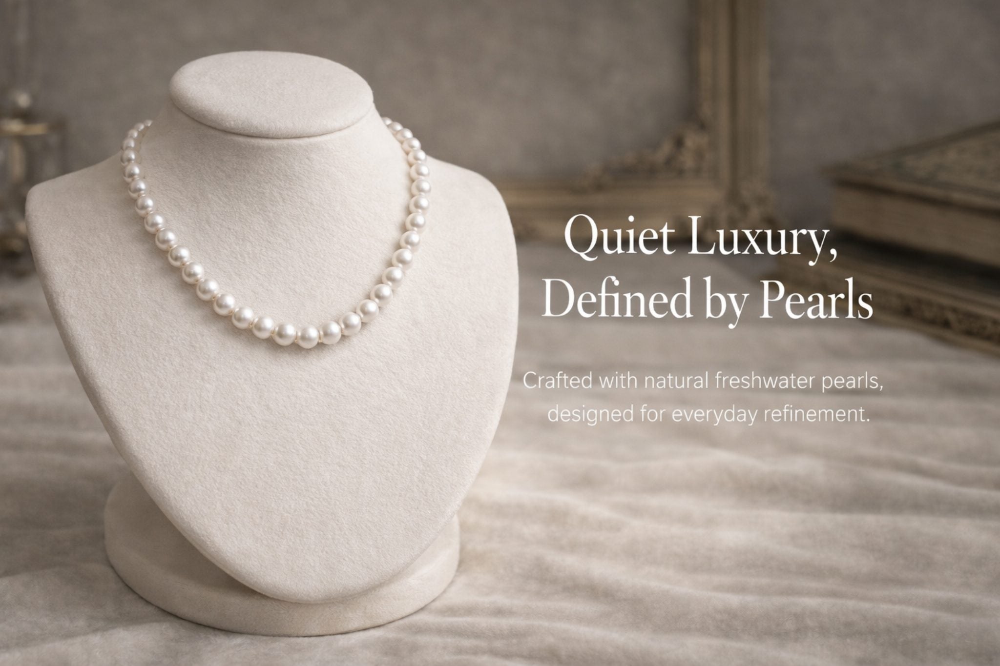 "VÉRA LUSTRE elegant freshwater pearl necklace on a display stand, representing quiet luxury jewelry."