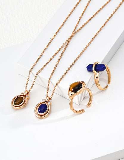 A curated display of the Lapis Lazuli and Tiger's Eye versions side-by-side. This visual highlights the rich color palette of the natural gemstones and the dual-metal options, targeting searchers looking for meaningful gemstone jewelry and high-quality "fortune" themed luxury accessories.