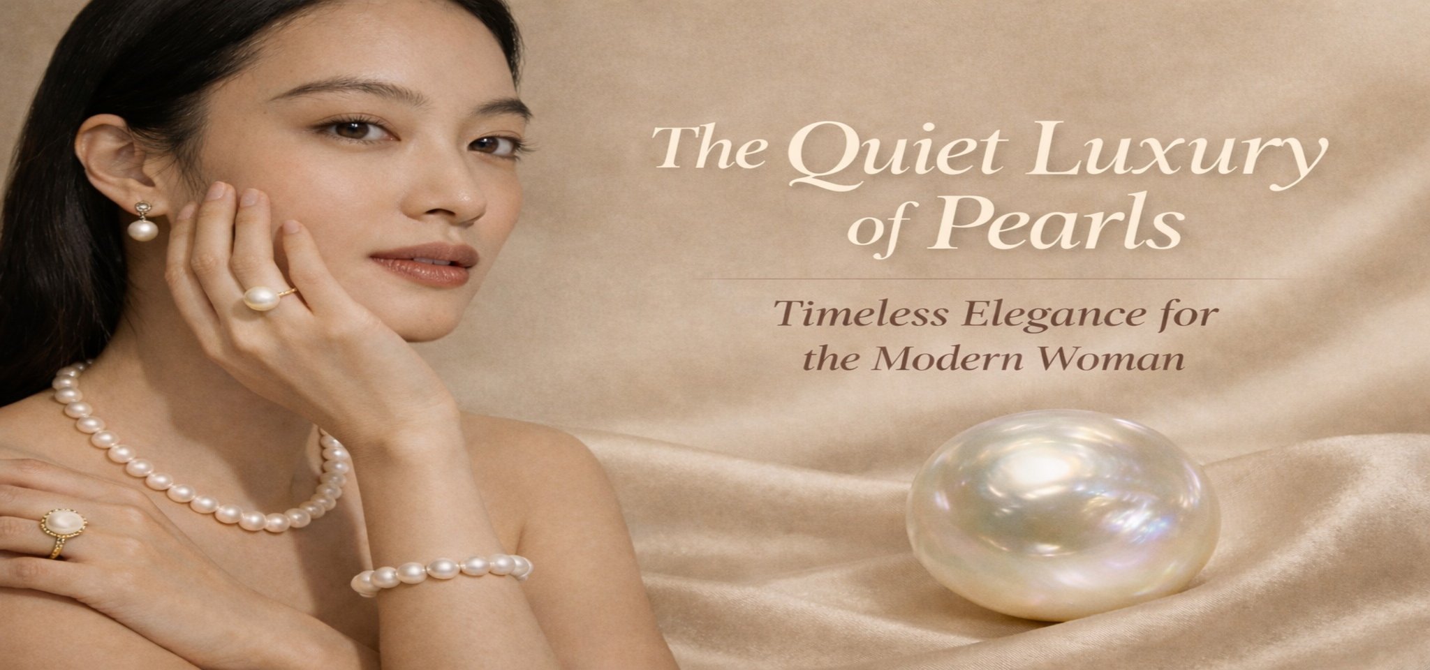 VÉRA LUSTRE "The Quiet Luxury of Pearls" collection featuring a model wearing handcrafted pearl necklaces, rings, and earrings.